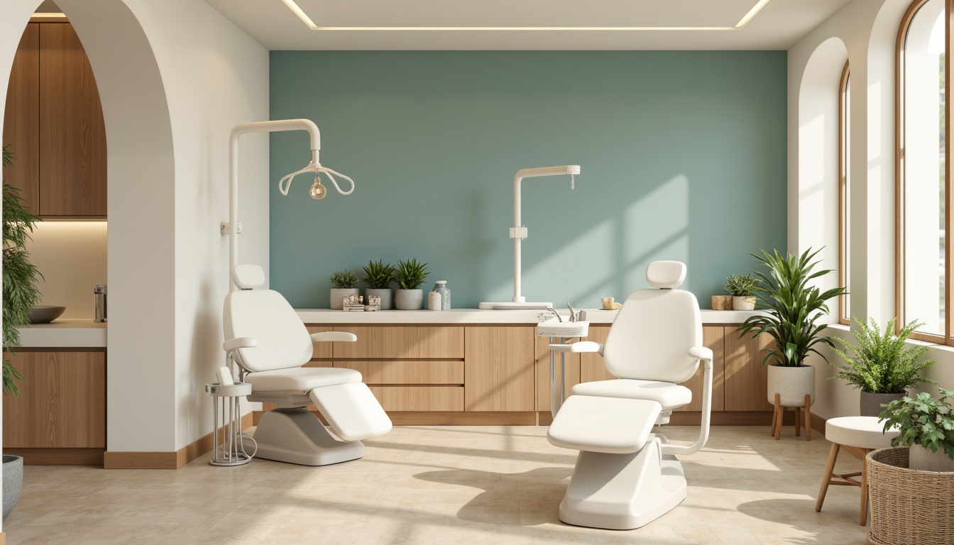 Prompt: Creamy white dental chairs, warm beige floors, calming blue-green accent walls, natural wood cabinetry, soft brushed metal equipment, gentle LED lighting, serene atmosphere, elegant archways, subtle texture contrasts, rounded edges, minimalist decor, soft focus, shallow depth of field, 1/2 composition, realistic materials, ambient occlusion.