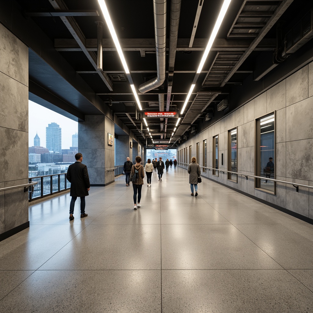 Prompt: Modern metro station interior, industrial chic aesthetic, durable flooring materials, concrete surfaces, steel beams, exposed ductwork, urban vibe, busy commuter atmosphere, LED lighting systems, sleek signage, stainless steel handrails, granite walls, high-traffic areas, commercial-grade epoxy coatings, matte finishes, subtle texture patterns, low-maintenance design, slip-resistant surfaces, pedestrian-friendly layout, dynamic cityscape views, natural stone accents, futuristic architectural elements.