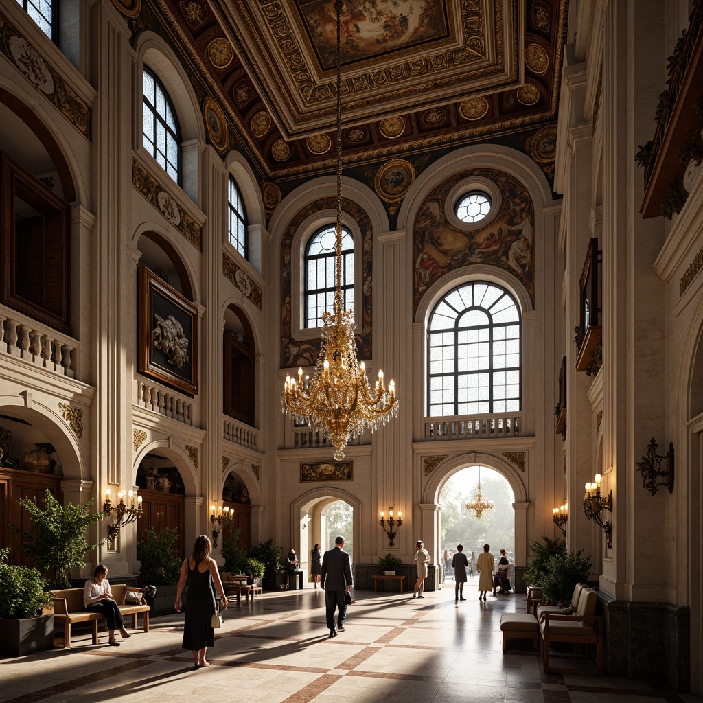 Prompt: Intricate stone carvings, ornate wooden accents, lavish frescoes, grandiose chandeliers, stained glass windows, vaulted ceilings, dramatic archways, elegant columns, polished marble floors, ornamental moldings, gilded details, soft warm lighting, subtle shading, high contrast ratio, cinematic composition, atmospheric perspective, realistic textures, detailed normal maps.