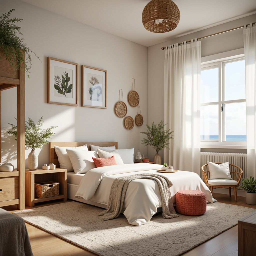 Prompt: Coastal-themed dorm room, soft calming colors, natural textures, woven sea grass baskets, driftwood furniture, ocean-inspired patterns, coral-colored accents, shell-shaped decorations, beachy vibe, relaxed atmosphere, minimal ornamentation, light-filled space, airy feel, sheer curtains, billowy white bedding, nautical rope details, distressed wood finishes, subtle coastal motifs, gentle ocean breeze, warm sunny day, soft focus, shallow depth of field, 1/1 composition, natural ambient lighting.