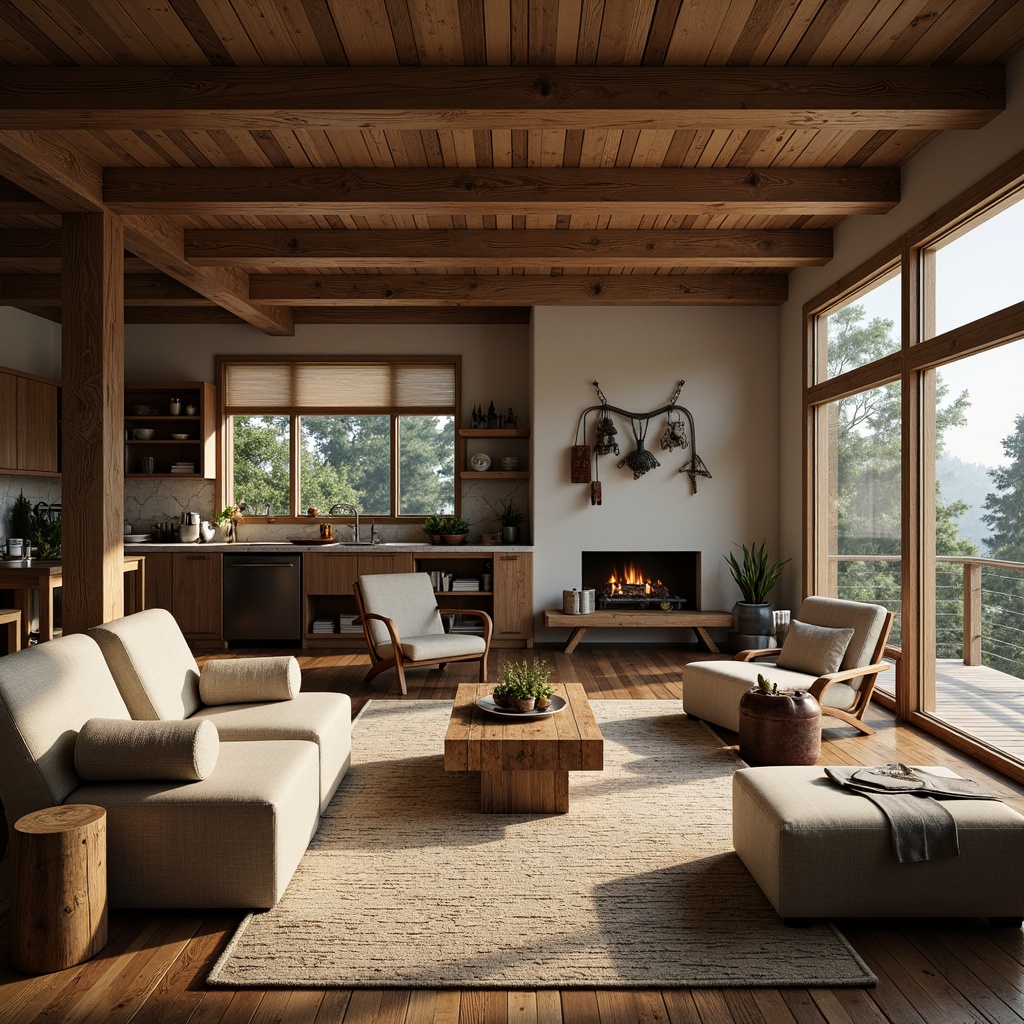 Prompt: Earthy cabin, wooden accents, natural stone walls, cozy fireplace, plush furnishings, warm beige tones, soft brown textures, rustic metal decor, vintage outdoor gear, scenic forest surroundings, misty morning atmosphere, soft diffused lighting, shallow depth of field, 1/1 composition, realistic wood grain, ambient occlusion.