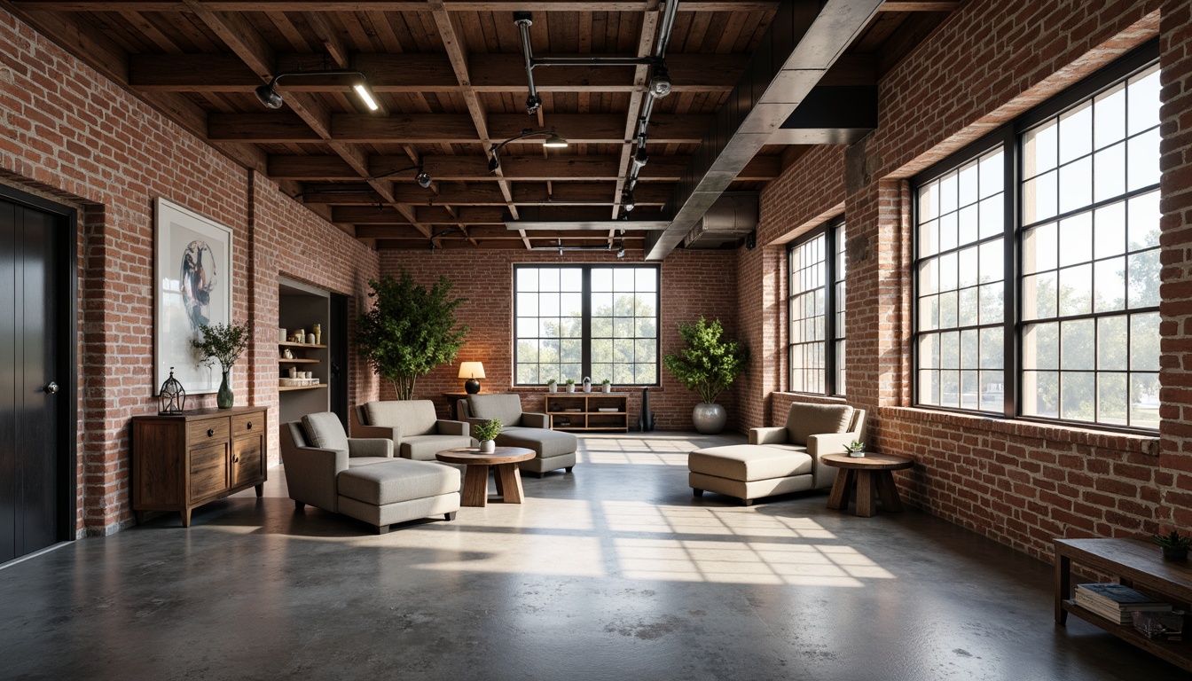 Prompt: Exposed brick walls, metal beams, reclaimed wood accents, industrial-style lighting fixtures, polished concrete floors, minimalist decor, modern furniture pieces, urban loft atmosphere, large windows, natural light, airy open spaces, functional shelving units, metallic color scheme, distressed textures, edgy architectural lines, contrasting materials, contemporary art installations, moody ambient lighting, shallow depth of field, 3/4 composition.