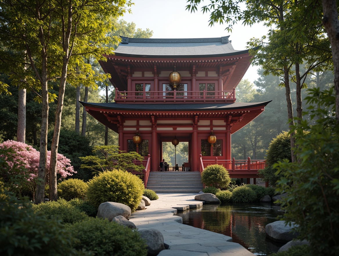 Prompt: Vibrant pagoda architecture, intricately carved wooden accents, delicate cherry blossom patterns, ornate golden lanterns, lush green bamboo forests, serene koi ponds, natural stone pathways, subtle misty atmosphere, soft warm lighting, shallow depth of field, 1/2 composition, realistic textures, ambient occlusion.