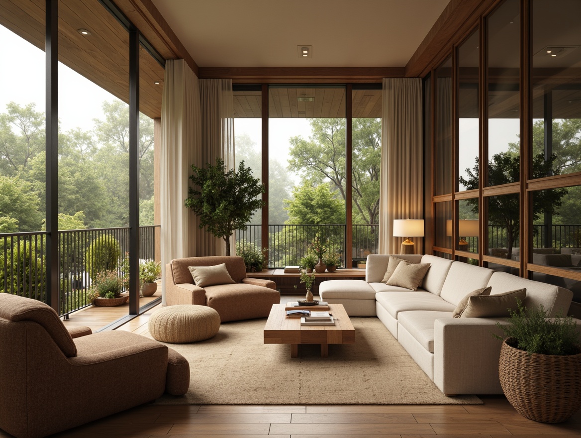 Prompt: Cozy living room, plush sofas, oversized armchairs, soft cushions, warm earthy tones, natural wood coffee table, minimalist decor, abundant greenery, floor-to-ceiling windows, gentle diffused light, relaxing ambiance, 1/1 composition, shallow depth of field, realistic textures, ambient occlusion.