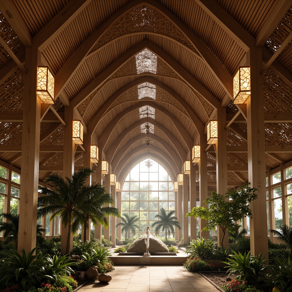 Prompt: Vaulted ceiling, natural wood tones, woven bamboo accents, tropical leaf patterns, stained glass windows, warm golden lighting, intricate stone carvings, grand chandeliers, dramatic arches, ornate metalwork, lush greenery, exotic flowers, palm trees, soft misty atmosphere, ethereal ambiance, 1/1 composition, symmetrical framing, high-angle shot, realistic textures, ambient occlusion.