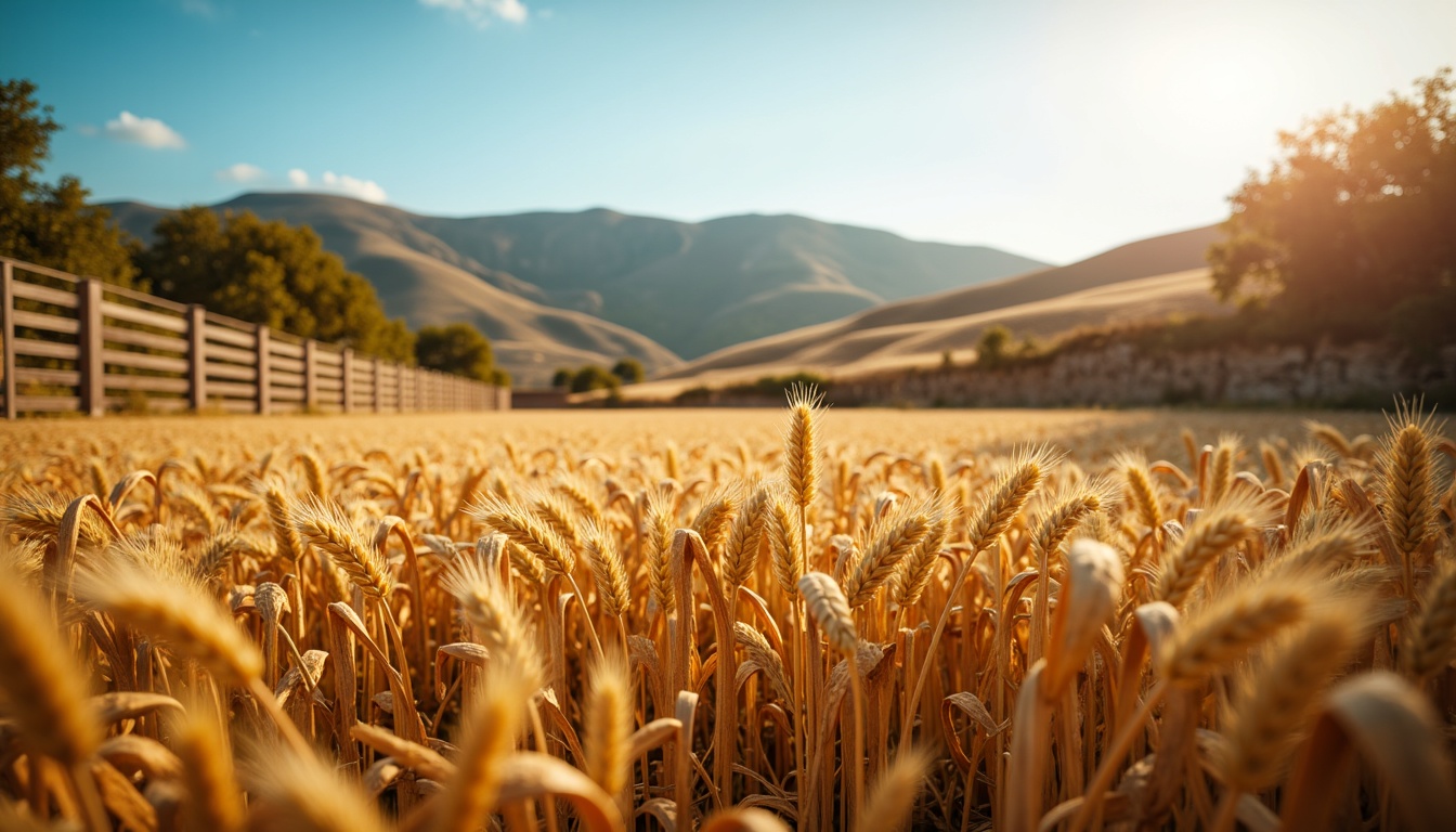 Prompt: Warm wheat fields, golden harvest, rustic bronze accents, earthy tones, natural textures, vintage metal details, soft warm lighting, shallow depth of field, 3/4 composition, panoramic view, realistic textures, ambient occlusion, rural landscape, sunny day, clear blue sky, rolling hills, wooden fences, weathered stone walls, cozy atmosphere, inviting colors.