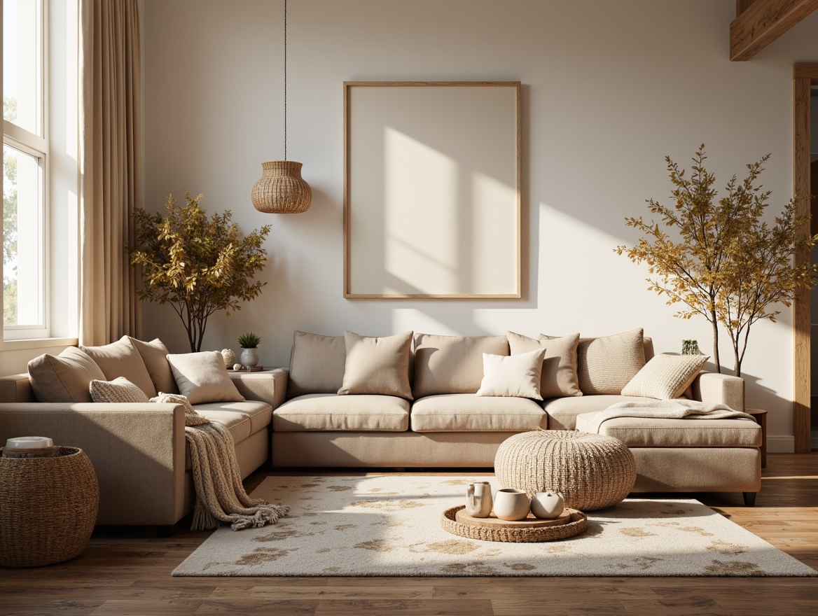 Prompt: Cozy living room, plush furniture, soft velvet fabrics, warm beige tones, gentle lighting, natural wood accents, woven baskets, chunky throw blankets, oversized pillows, subtle patterned rugs, calming color palette, rustic wooden floors, minimalist decor, relaxing ambiance, morning sunlight, shallow depth of field, 1/1 composition, realistic textures.