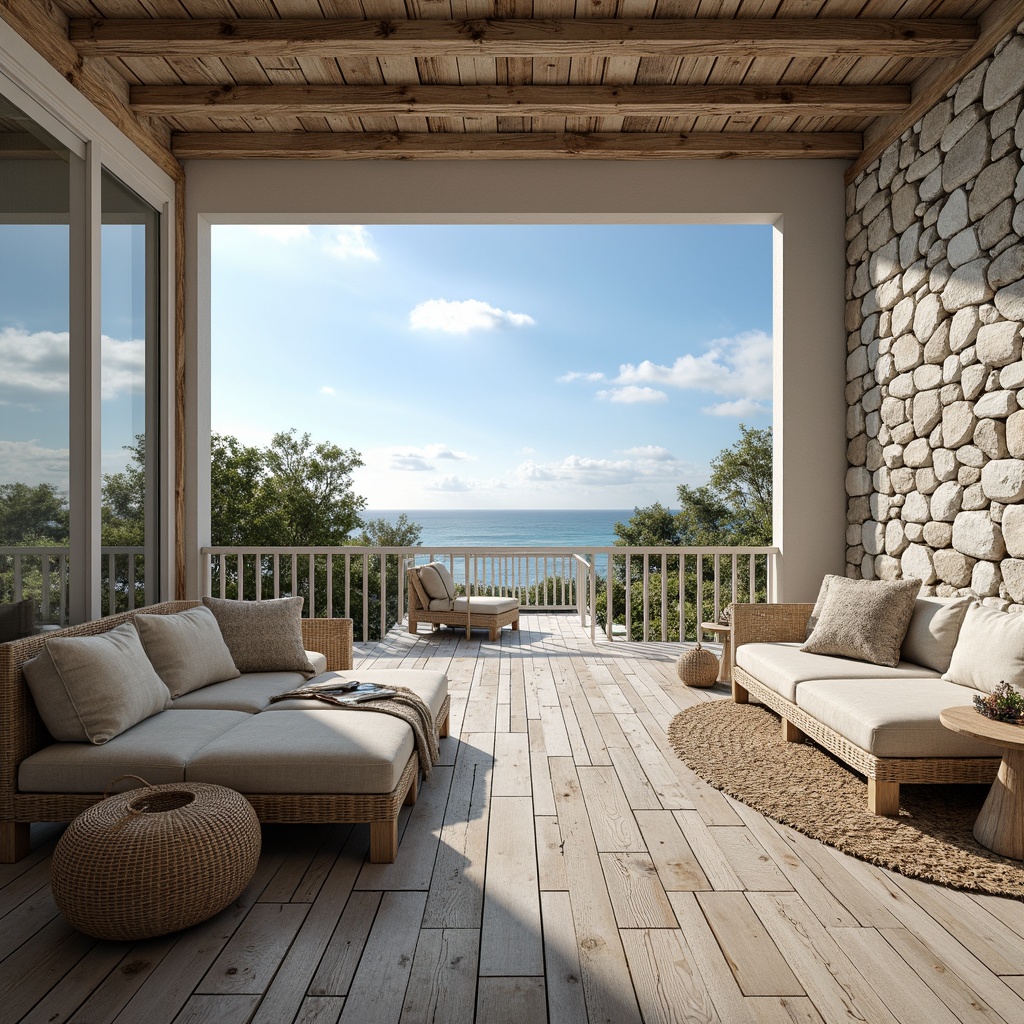 Prompt: Weathered wood planks, driftwood accents, rough-hewn stone walls, soft blue-gray hues, calming ocean views, natural linen fabrics, woven sea grass textures, coral-inspired patterns, distressed finishes, beachy vibes, warm sunny days, shallow depth of field, 1/1 composition, realistic renderings, ambient occlusion.