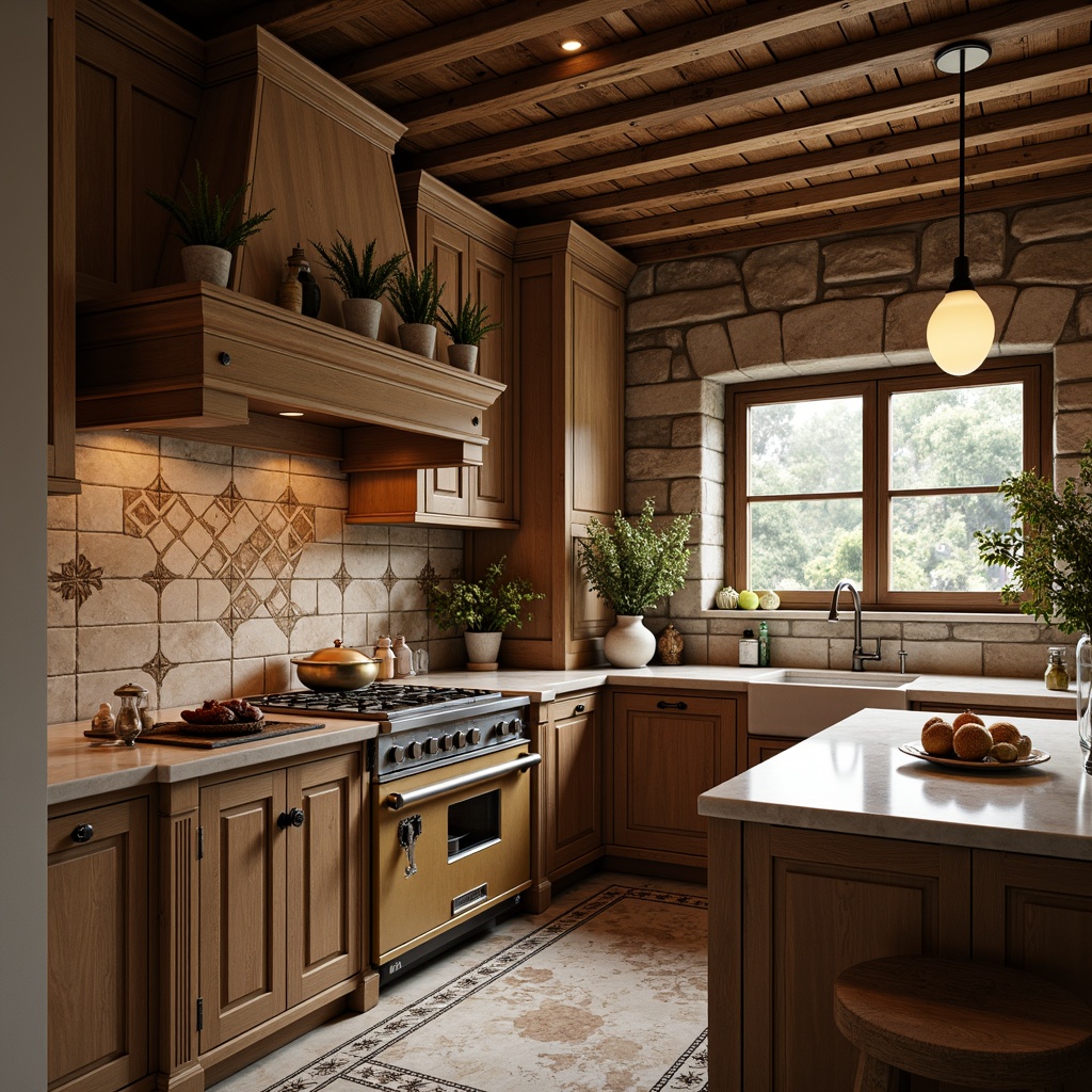 Prompt: Luxurious kitchen, rich wood cabinetry, ornate metal hardware, elegant marble countertops, decorative tile backsplashes, warm pendant lighting, vintage-inspired appliances, traditional English countryside architecture, rustic stone walls, distressed wooden beams, soft warm color palette, romantic ambiance, shallow depth of field, 1/1 composition, realistic textures, ambient occlusion.