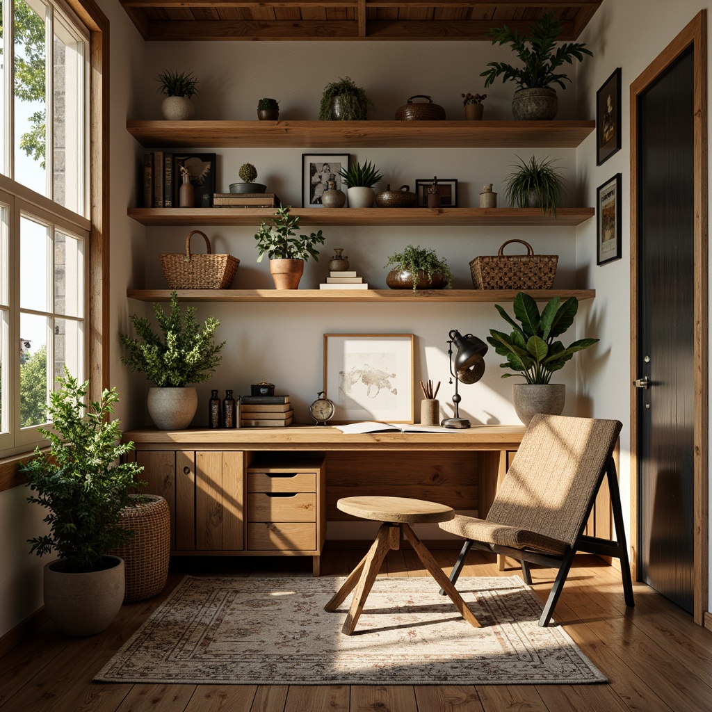 Prompt: Cozy home office, vernacular style, wooden desk, comfortable chair, natural materials, earthy color palette, warm lighting, plants on shelves, vintage decorative items, distressed wood accents, rustic metal fixtures, woven baskets, soft textiles, layered rugs, organic shapes, relaxed atmosphere, intimate setting, morning sunlight, shallow depth of field, 1/1 composition, realistic textures, ambient occlusion.