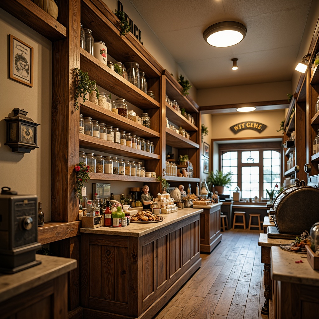 Prompt: Vintage grocery store interior, traditional wooden shelves, ornate metal brackets, distressed finishes, warm beige walls, rustic wooden floors, classic glass jars, antique cash registers, vintage advertisements, nostalgic product packaging, soft warm lighting, shallow depth of field, 1/1 composition, realistic textures, ambient occlusion.