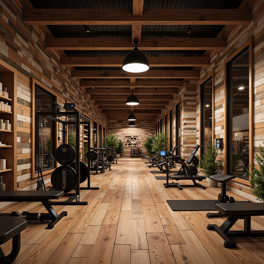 Prompt: Rustic fitness club, reclaimed wood accent walls, earthy color palette, natural stone flooring, exposed wooden beams, industrial-style metal equipment, vintage-inspired lighting fixtures, distressed wood textures, warm cozy atmosphere, soft warm lighting, shallow depth of field, 1/2 composition, realistic render, ambient occlusion, wooden gym floors, mirrored walls, fitness equipment silhouettes.