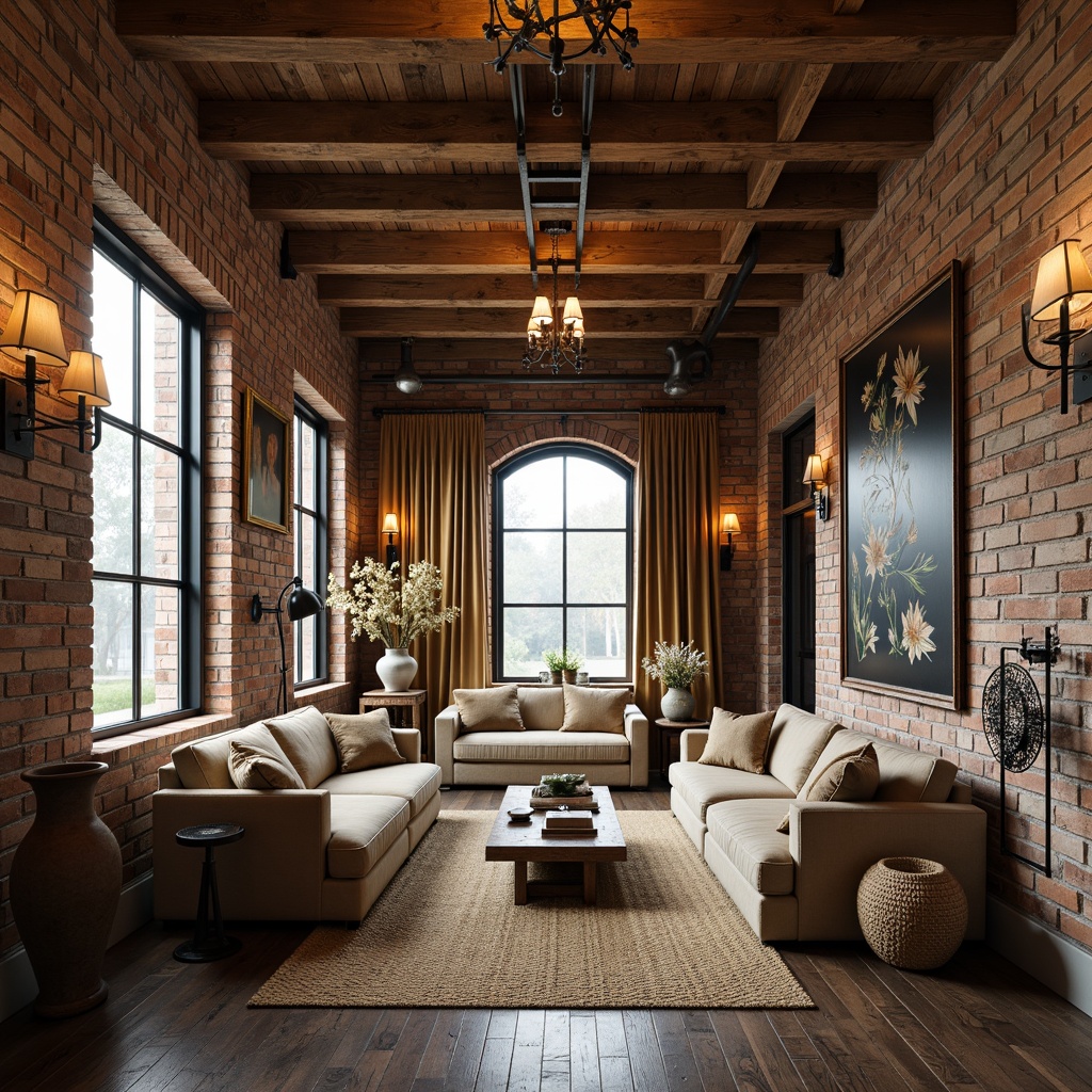 Prompt: Rustic wooden beams, distressed brick walls, vintage industrial lighting, plush velvet sofas, ornate metal railings, reclaimed wood flooring, earthy tone color palette, cozy reading nooks, oversized windows, natural linen drapes, woven jute rugs, decorative ceramic vases, richly textured throw blankets, soft warm lighting, shallow depth of field, 1/2 composition, intimate atmosphere, realistic materials, ambient occlusion.