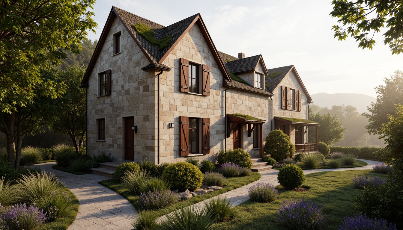 Prompt: Rustic French country mansion, stone walls, distressed wood accents, ornate metalwork, vintage window shutters, earthy color palette, moss-covered roofs, overgrown gardens, winding stone pathways, lavender fields, soft warm lighting, gentle mist, atmospheric perspective, high dynamic range, detailed normal maps, realistic material properties, subtle ambient occlusion.