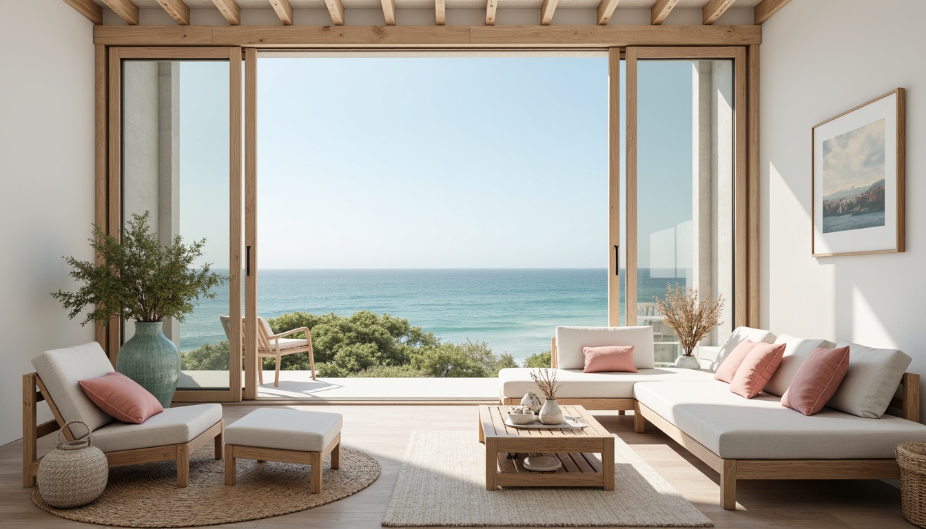 Prompt: Soft calming coastal ambiance, serene ocean views, gentle sea breeze, creamy white walls, weathered wood accents, driftwood furniture, natural linen textiles, soothing blue-green color palette, misty grey tones, warm beige sand-inspired hues, coral pink accents, shell-adorned decorative pieces, ocean-blue glass vases, woven jute rugs, minimalistic modern decor, calming ambiance, softbox lighting, subtle texture details, shallow depth of field, 1/2 composition.