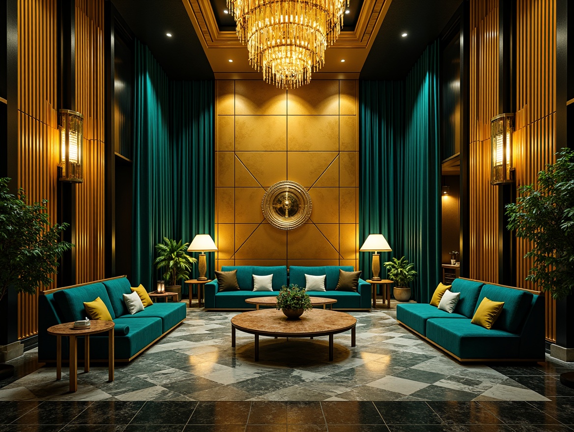 Prompt: Luxurious hotel lobby, metallic accents, ornate geometries, lavish furnishings, rich jewel tones, emerald green, navy blue, chrome yellow, opulent gold, velvet drapes, marble floors, grand chandeliers, sophisticated lighting, high-contrast colors, bold typography, 1920s glamour, vintage elegance, glamorous ambiance, dramatic shadows, cinematic mood, low-angle photography, cinematic composition.