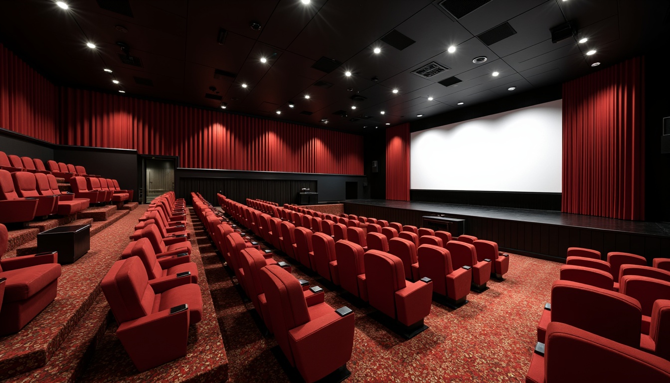 Prompt: Theater-style seating, curved rows, plush velvet chairs, adjustable armrests, ample legroom, staggered risers, central aisle, accessible wheelchair spaces, immersive audio system, high-definition projection screen, dramatic stage lighting, richly textured carpets, acoustic paneling, optimal sightlines, 3/4 composition, shallow depth of field, warm color temperature, inviting ambiance.