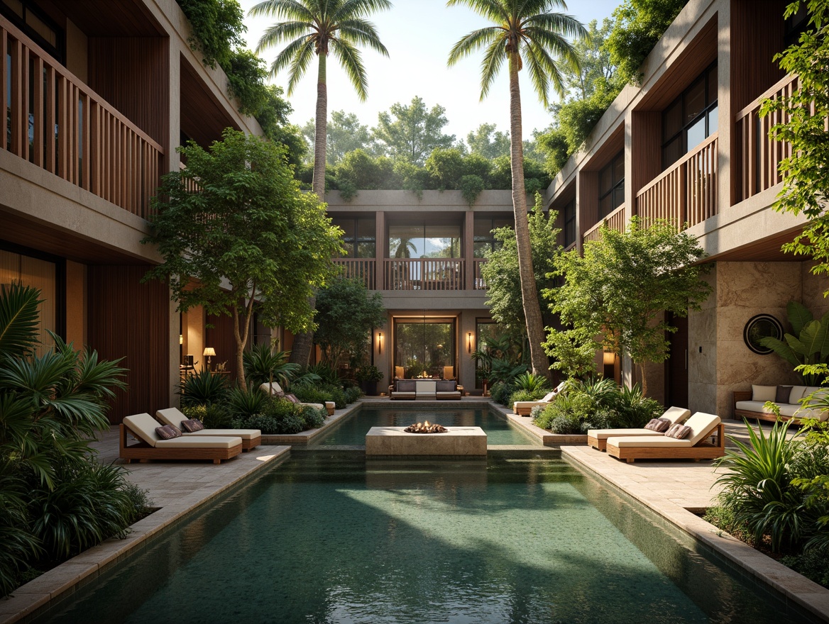 Prompt: Lush indoor oasis, tropical plants, natural stone walls, wooden accents, warm lighting, serene water features, infinity pool edges, modern pool architecture, glass roof, open ceiling, natural ventilation, misting system, ambient sounds, relaxing atmosphere, organic shapes, earthy tones, greenery-filled niches, botanical patterns, soft focus, shallow depth of field, 1/2 composition, warm color palette.Please let me know if this meets your requirements!