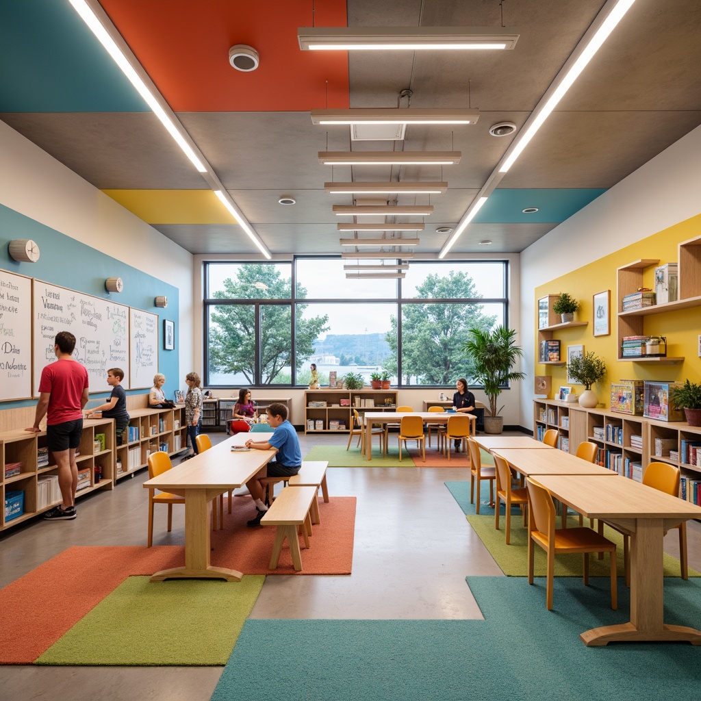 Prompt: Vibrant elementary school, eclectic style interior, colorful murals, modular furniture, collaborative learning spaces, flexible seating arrangements, natural wood accents, bright LED lighting, playful area rugs, interactive whiteboards, geometric shapes, whimsical decorations, inspirational quotes, cozy reading nooks, open shelving units, educational displays, dynamic color schemes, minimalist desks, ergonomic chairs, soft pastel hues, 1/1 composition, shallow depth of field, warm softbox lighting.