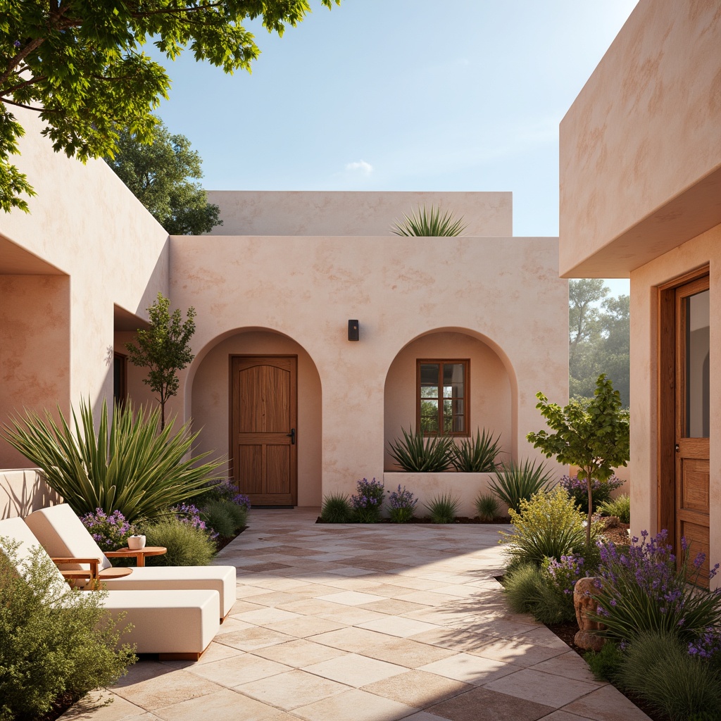 Prompt: Pastel hues, soft peach tones, creamy whites, rich wood accents, natural stone textures, earthy terracotta, serene blue skies, lush greenery, vibrant floral patterns, subtle gradient transitions, warm ambient lighting, shallow depth of field, 1/1 composition, realistic renderings, ambient occlusion.