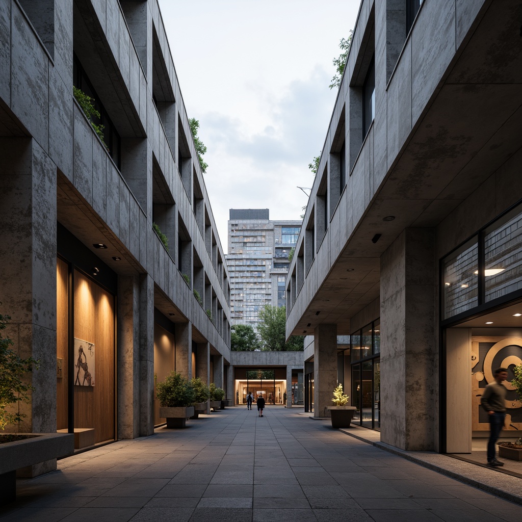 Prompt: Rugged brutalist architecture, raw concrete textures, industrial-style windows, minimalist decor, urban cityscape, overcast skies, dramatic shadows, warm natural light, soft ambient glow, 1/1 composition, low-key lighting, atmospheric haze, subtle color palette, weathered stone walls, distressed wood accents, geometric patterns, modern art installations, abstract sculptures.