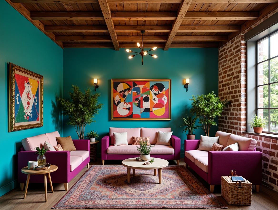 Prompt: Vibrant eclectic interior, bold color palette, rich turquoise walls, warm golden accents, deep plum furniture, soft blush pink upholstery, natural wood tones, vintage rug patterns, eclectic artwork, ornate metal frames, distressed wooden textures, industrial chic lighting, exposed brick walls, lush greenery, abstract geometric shapes, bohemian-inspired fabrics, global cultural influences, cozy reading nooks, intimate conversational spaces, warm ambient lighting, shallow depth of field, 1/1 composition, realistic textures, ambient occlusion.