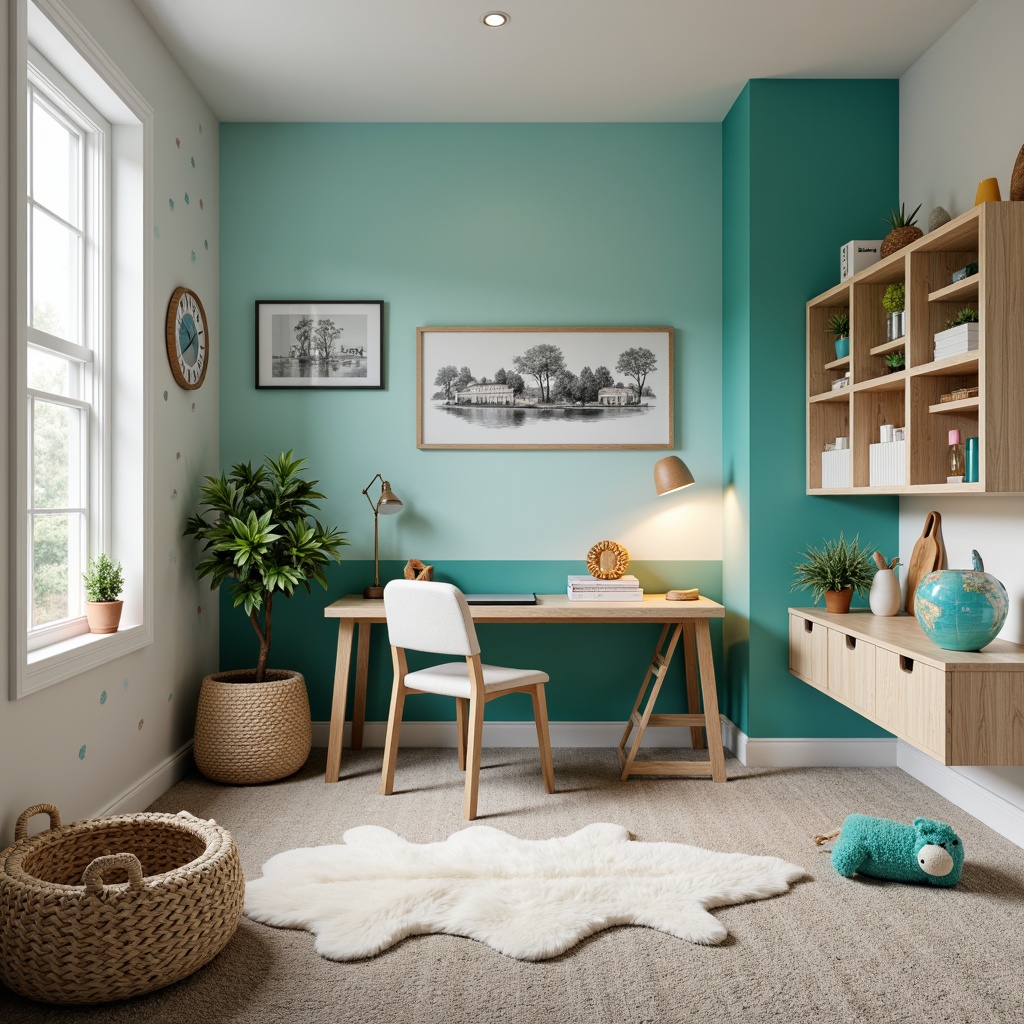 Prompt: Whimsical kids' room, soft plush carpet, bold colored walls, playful polka dot decals, modern minimalistic furniture, sleek wooden desk, ergonomic chair, vibrant turquoise accents, fluffy sheepskin rug, natural woven baskets, distressed wood shelving, eclectic decorative objects, warm cozy lighting, shallow depth of field, 1/1 composition, realistic textures, ambient occlusion.