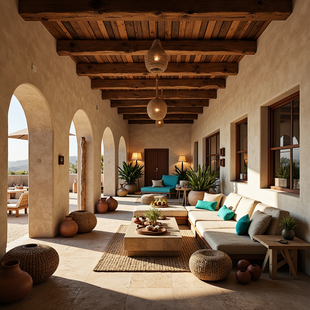 Prompt: Southwestern interior, warm earthy tones, natural textures, rustic wooden beams, vibrant turquoise accents, woven baskets, clay pottery, desert botanicals, cacti plants, warm sunny day, soft gentle lighting, ambient shadows, layered lighting effects, table lamps, floor lamps, pendant lights, recessed lighting, warm white light, cozy atmosphere, comfortable seating areas, plush throw blankets, natural fiber rugs, earthy scents, 3/4 composition, shallow depth of field, panoramic view.