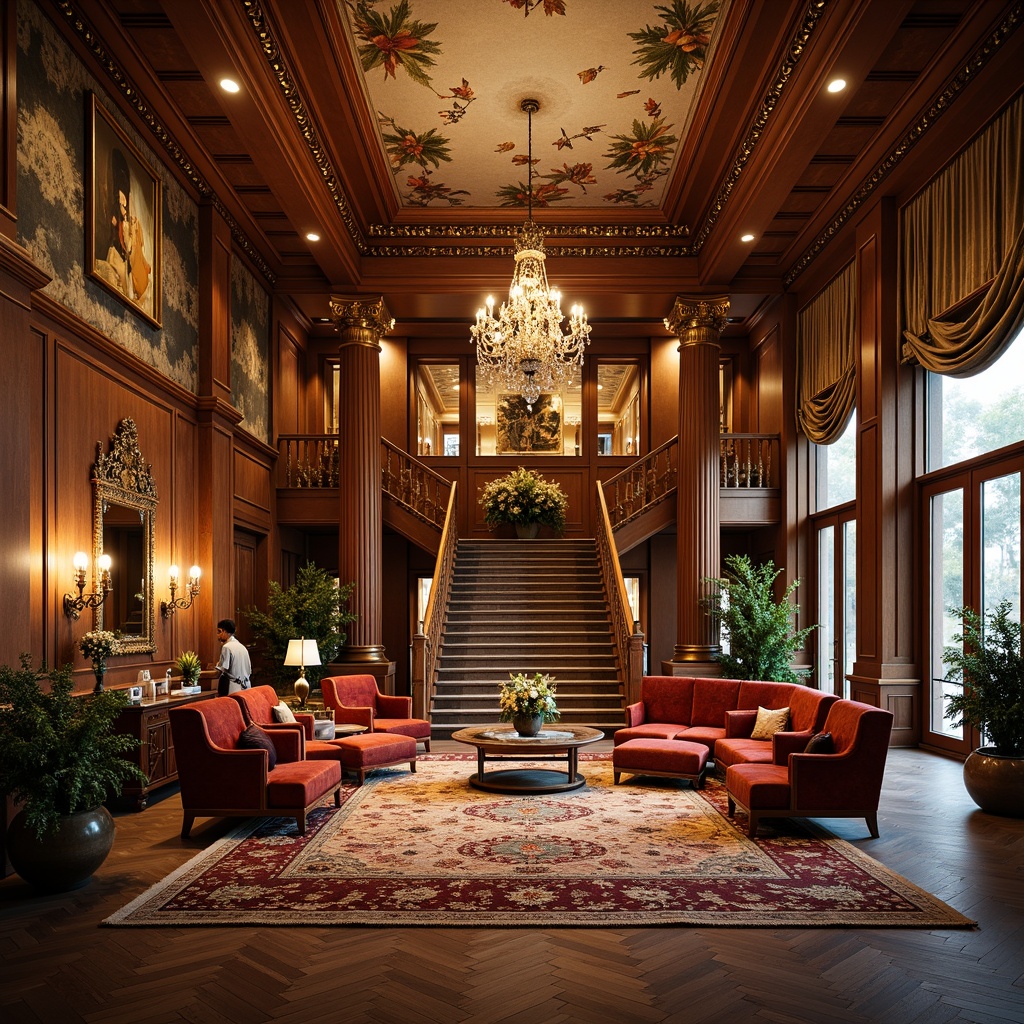 Prompt: Luxurious hotel lobby, ornate chandeliers, intricately carved wooden furniture, plush velvet upholstery, gilded frames, grand staircase, ornamental mirrors, frescoed ceiling, richly patterned rugs, lavish drapery, majestic columns, elegant archways, warm golden lighting, soft focus, 1/2 composition, Renaissance-inspired ornamentation, opulent textiles, classical motifs, fine wood grain, subtle ambient occlusion.