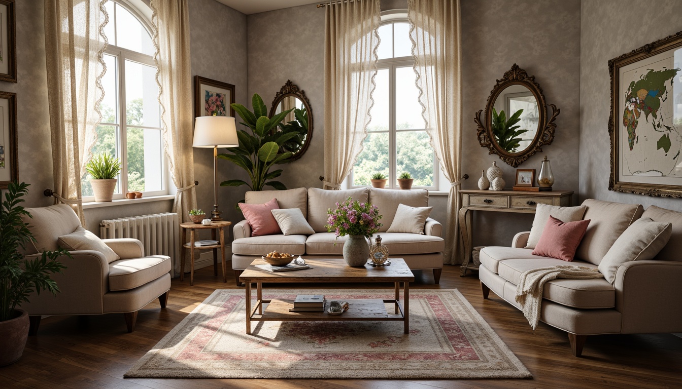 Prompt: Distressed vintage furniture, soft pastel hues, delicate florals, lace curtains, ornate mirrors, distressed wood accents, velvet upholstery, antique decorative items, rustic metalware, faded rugs, warm candlelight, subtle texture overlays, shallow depth of field, 1/1 composition, warm color palette, realistic fabric textures, ambient occlusion.