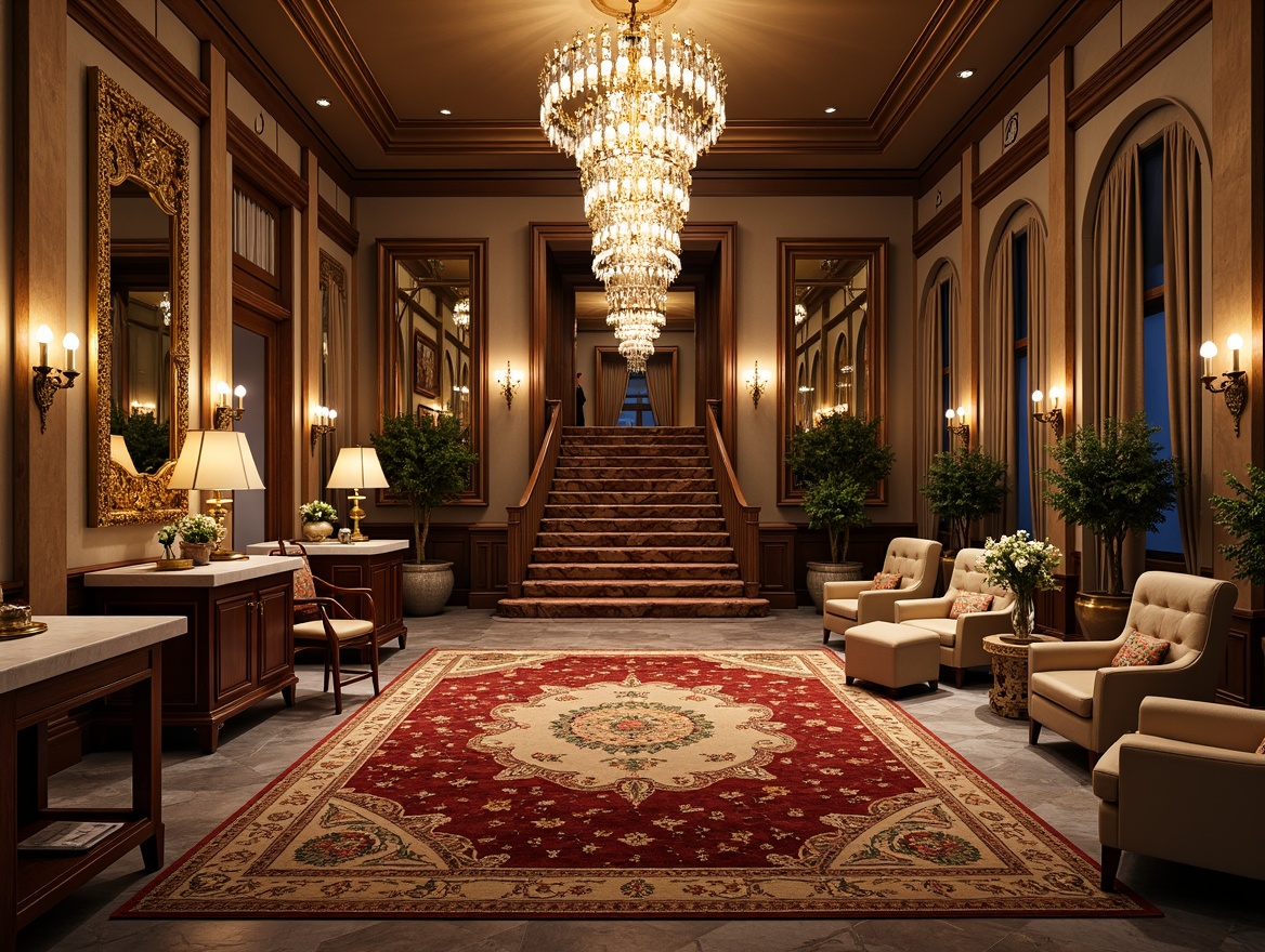 Prompt: Luxurious interior space, ornate chandeliers, intricately patterned rugs, velvet drapes, golden accents, marble countertops, ornamental mirrors, lavish furnishings, rich wood tones, subtle ambient lighting, warm color palette, elegant archways, sophisticated textures, refined decorative accessories, opulent fabrics, majestic columns, grand staircases, exquisite artwork, dramatic ceiling details, 1/1 composition, softbox lighting, realistic reflections.