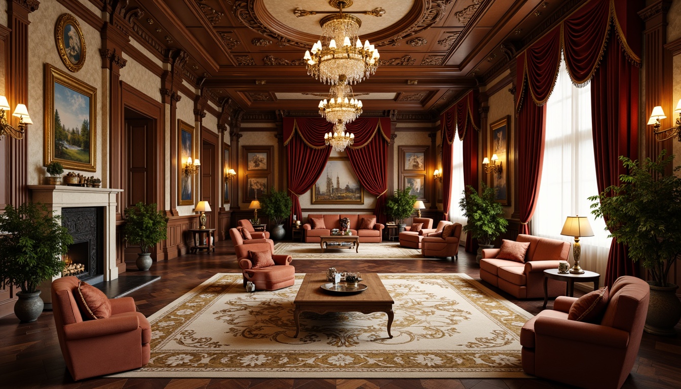 Prompt: Luxurious Rococo-style interior, ornate furnishings, rich wood tones, opulent fabrics, crystal chandeliers, intricate carvings, gilded accents, marble flooring, inlaid parquetry, ornamental rugs, velvet drapes, lavish tapestries, soft golden lighting, 1/2 composition, shallow depth of field, realistic textures, ambient occlusion.