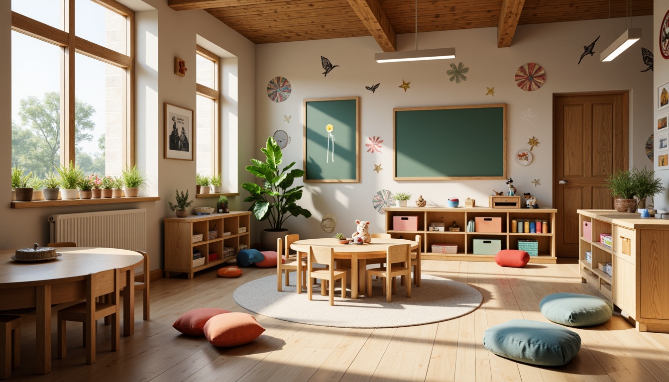 Prompt: Cozy kindergarten classroom, wooden tables and chairs, colorful storage bins, soft cushions, rounded edges, natural wood tone, educational posters, playful wall decals, gentle lighting, warm beige flooring, traditional architecture, rustic wooden accents, vintage-inspired decor, whimsical patterns, comfortable reading nooks, functional shelving units, organized art stations, collaborative learning spaces, harmonious color palette, subtle texture variations, shallow depth of field, 1/1 composition, soft focus, realistic textures.