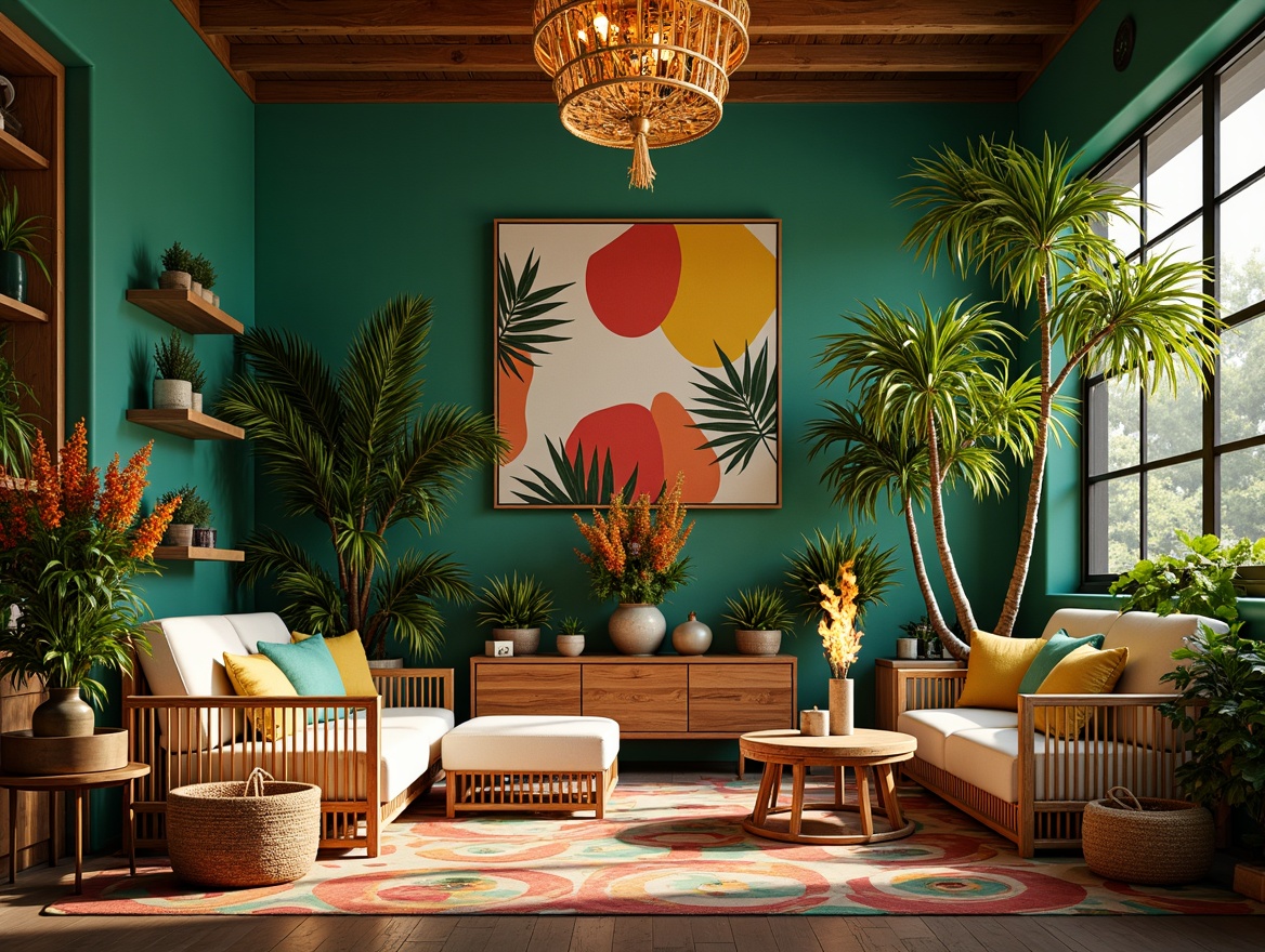 Prompt: Vibrant tropical plants, exotic palm trees, bright floral arrangements, woven rattan furniture, natural fiber textiles, warm wood accents, colorful tiki torches, abstract island-inspired artwork, geometric patterned rugs, lush green walls, sun-kissed beachy ambiance, soft warm lighting, shallow depth of field, 1/1 composition, realistic textures, ambient occlusion.