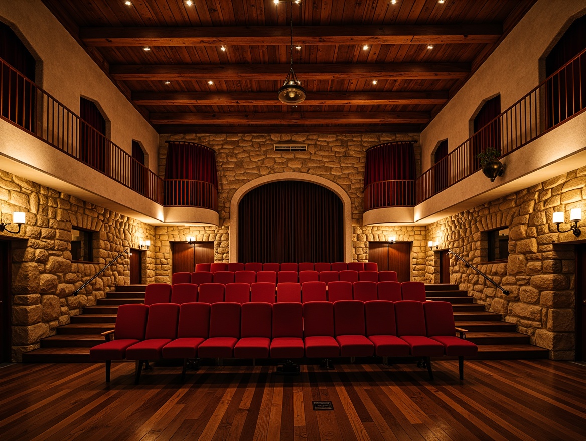 Prompt: Rustic auditorium, French country style, wooden beams, stone walls, warm earthy tones, velvet curtains, golden lighting fixtures, plush red seating, curved rows, tiered arrangement, intimate setting, soft candlelight, ornate metal accents, distressed wood flooring, vintage decorative elements, rich textures, shallow depth of field, 1/2 composition, warm color palette, cozy atmosphere.