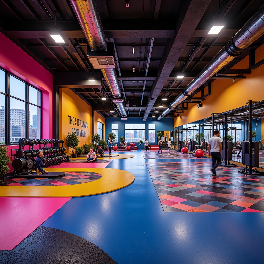 Prompt: Dramatic gymnasium interior, bold expressionist architecture, vibrant colored walls, geometric patterned floors, high ceilings, exposed ductwork, industrial-style lighting fixtures, angular lines, asymmetrical compositions, dynamic spatial flow, flexible training areas, mirrored walls, professional sports equipment, motivational quotes, modern fitness machines, free weights, yoga zones, meditation spaces, natural light influx, large windows, urban cityscape views, gritty concrete textures, metallic accents, neon color schemes, futuristic ambiance, cinematic lighting, shallow depth of field, 2/3 composition.