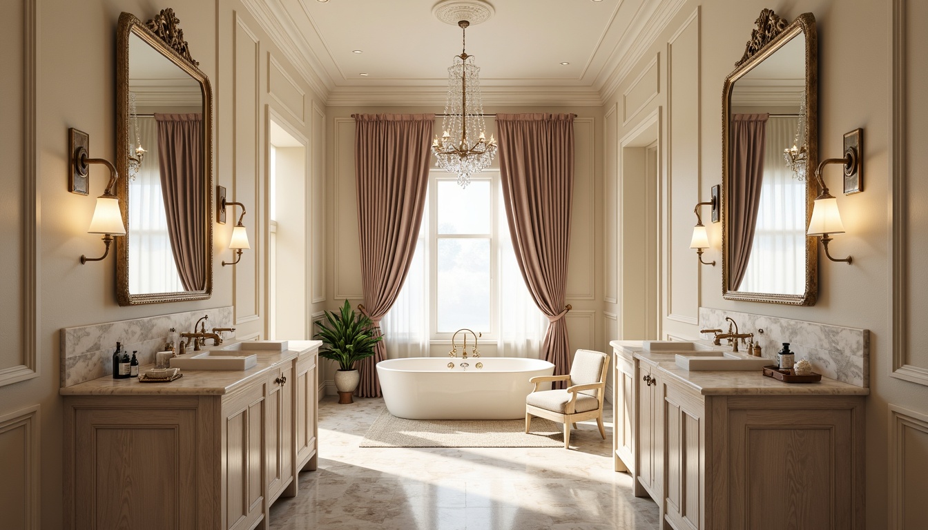 Prompt: Marble countertops, white ceramic sinks, polished chrome faucets, soft cream-colored walls, warm beige flooring, elegant crown molding, ornate mirrors, crystal chandeliers, spa-inspired ambiance, natural stone accents, rich wood cabinetry, subtle texture contrasts, muted earth tone color palette, luxurious velvet drapes, golden hardware, vintage-style fixtures, symmetrical layout, harmonious proportions, softbox lighting, 1/1 composition, realistic reflections, ambient occlusion.