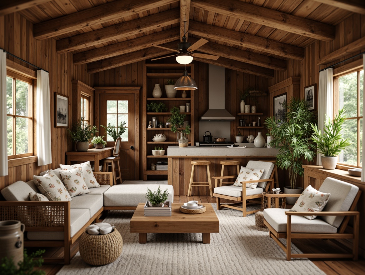 Prompt: Cozy cabin, rustic wooden accents, natural textures, earthy tones, wooden planks, vintage decor, warm lighting, inviting atmosphere, wooden furniture, nature-inspired elements, organic shapes, botanical patterns, woven baskets, rattan chairs, reclaimed wood, distressed finishes, soft pastel colors, serene ambiance, shallow depth of field, 1/1 composition, realistic renderings, ambient occlusion.