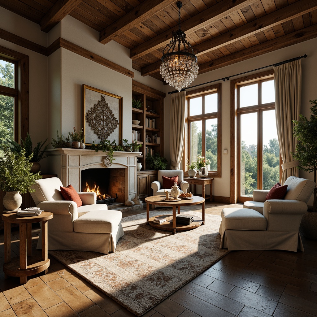 Prompt: Rustic French country mansion, distressed wood accents, soft linen upholstery, ornate carved wooden furniture, plush velvet pillows, elegant crystal chandeliers, vintage metalwork decor, natural stone flooring, earthy color palette, warm candlelight, cozy fireplace nook, comfortable reading areas, serene countryside views, blooming flowers, lush greenery, sunny afternoon light, shallow depth of field, 1/1 composition, realistic textures, ambient occlusion.