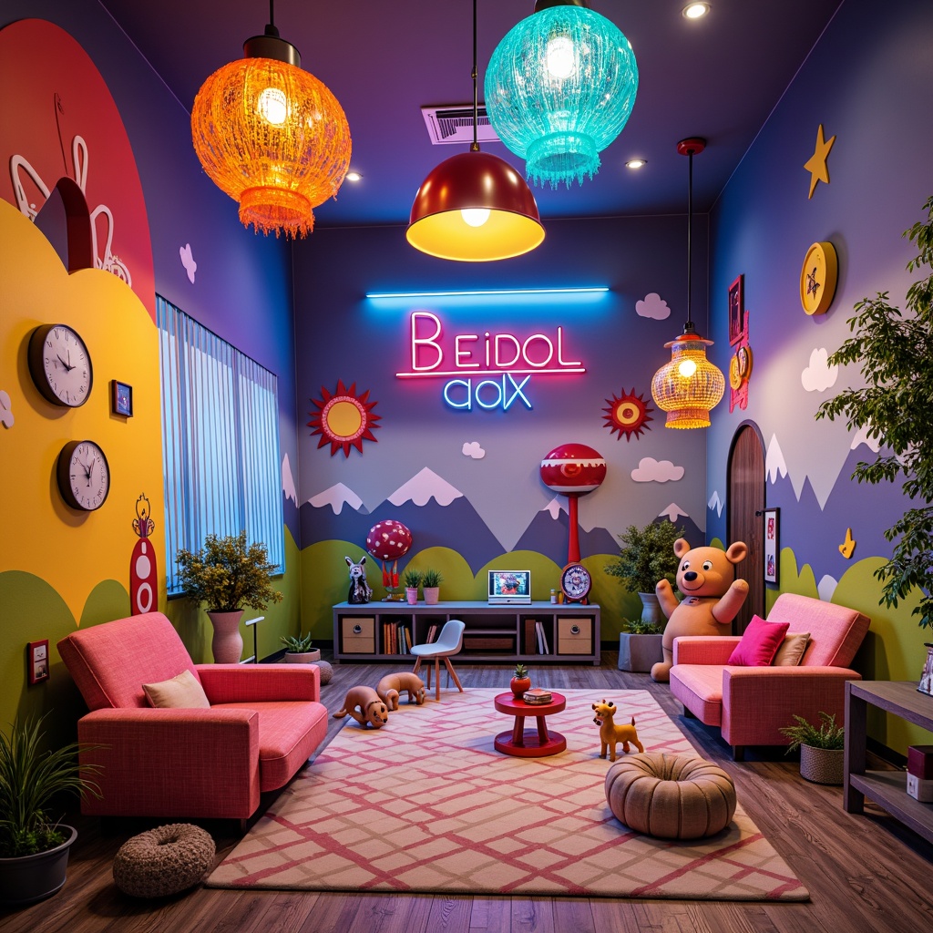 Prompt: Whimsical kids' room, playful furniture, bright colors, cartoon-inspired wallpaper, modern postmodern decor, eclectic lighting fixtures, pendant lamps, neon signs, LED strips, colorful glass chandeliers, oversized lampshades, asymmetrical shapes, irregular forms, bold typography, fantastical creatures, imaginary landscapes, dreamy atmosphere, softbox lighting, warm color temperatures, shallow depth of field, 1/1 composition, realistic textures, ambient occlusion.