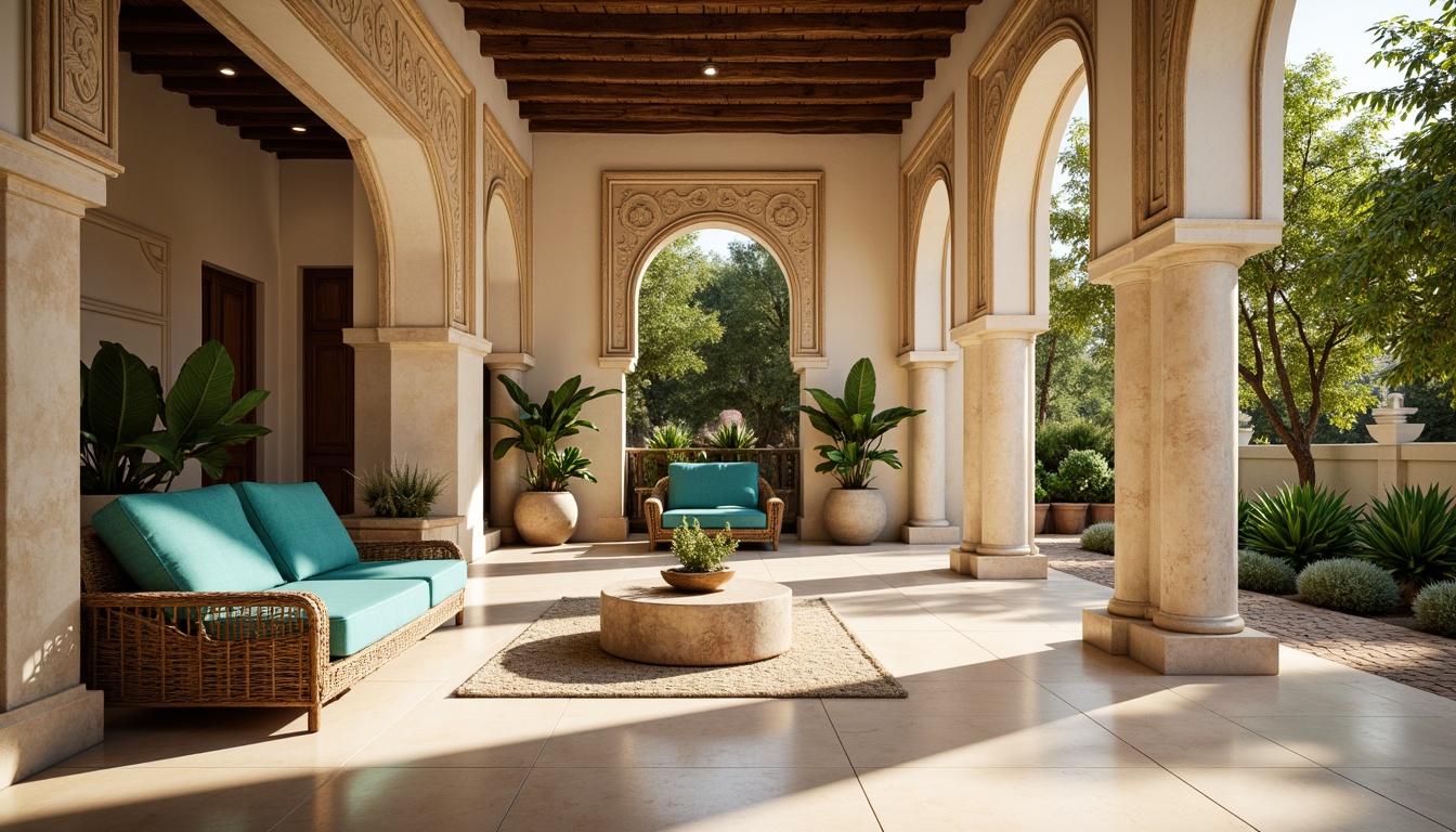 Prompt: Elegant Mediterranean interior, ornate columns, creamy marble floors, soft warm lighting, natural stone archways, rustic wooden beams, vibrant turquoise accents, plush velvet furniture, intricate Moorish patterns, luscious greenery, sunny courtyard views, shallow depth of field, 3/4 composition, realistic textures, ambient occlusion.