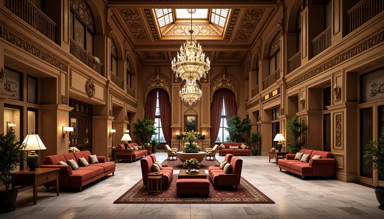 Prompt: Luxurious hotel lobby, ornate Renaissance-style furnishings, intricately carved wooden panels, grand chandeliers, plush velvet sofas, golden accents, marble floors, ornamental columns, lavish drapery, rich tapestries, opulent fabrics, sophisticated color palette, warm intimate lighting, dramatic high ceilings, symmetrical composition, elegant curves, refined details, majestic archways, sophisticated textiles, antique furniture pieces, rustic wooden tones, soft natural materials, 3/4 composition, shallow depth of field, panoramic view, realistic textures, ambient occlusion.