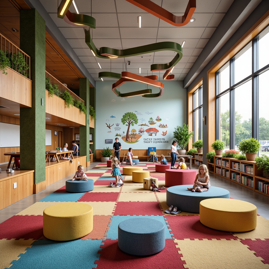 Prompt: Vibrant elementary school interior, eclectic mix-and-match furniture, colorful rug patterns, whimsical lighting fixtures, curved bookshelves, playful wall decals, interactive whiteboards, collaborative learning spaces, cozy reading nooks, flexible seating arrangements, textured wood accents, bold geometric shapes, airy open layouts, natural materials, earthy tones, abundant greenery, inspirational quotes, 3/4 composition, warm soft focus, shallow depth of field.