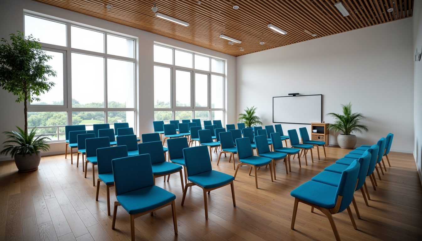 Prompt: Intimate conference room, curved rows of chairs, vibrant blue upholstery, wooden floorboards, natural light pouring in, floor-to-ceiling windows, minimalist decor, interactive whiteboard, modern audiovisual equipment, tiered seating arrangement, maximum audience visibility, clear sightlines, comfortable personal space, flexible breakout areas, collaborative learning environment, warm and inviting atmosphere, soft diffused lighting, 1/1 composition, shallow depth of field, realistic textures, ambient occlusion.