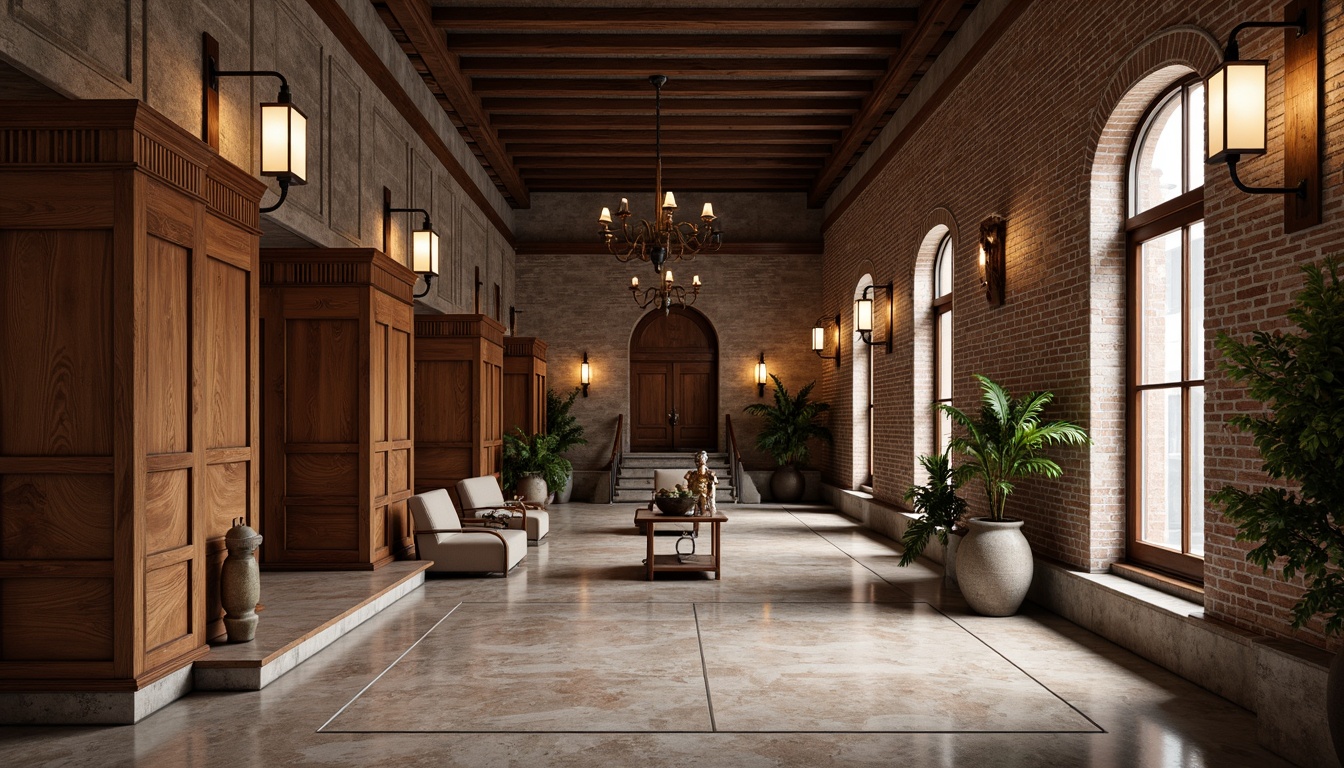 Prompt: Rustic brick walls, ornate wooden panels, rich walnut cabinetry, polished marble floors, classic lanterns, intricate moldings, grand staircases, high ceilings, spacious atriums, natural stone accents, earthy color palette, soft warm lighting, subtle texture variations, 1/1 composition, realistic render, ambient occlusion.