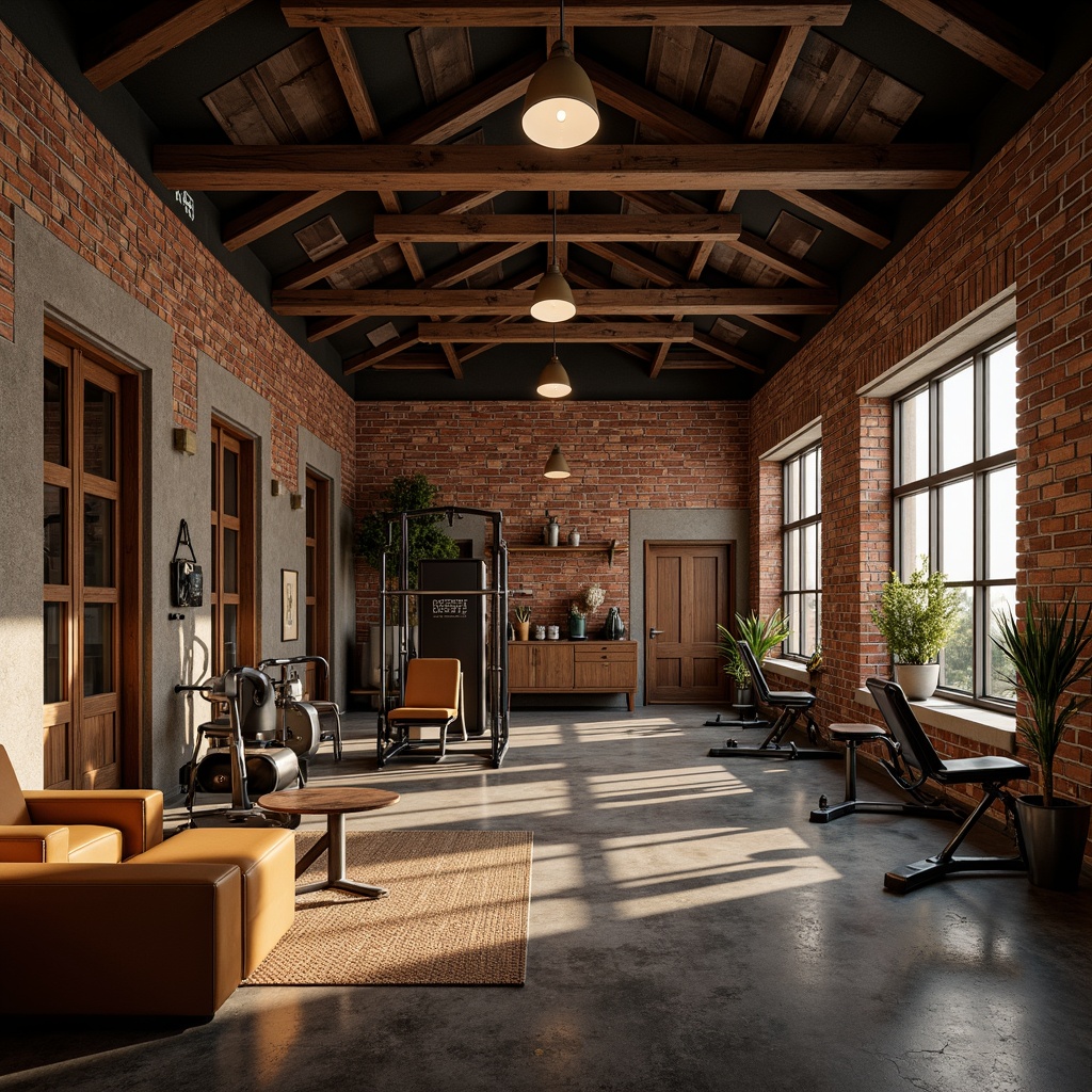 Prompt: Rustic fitness club, earthy color palette, warm wood accents, industrial metal beams, vintage gym equipment, distressed brick walls, natural stone flooring, rich leather upholstery, warm ambient lighting, deep shadows, 3/4 composition, shallow depth of field, realistic textures, soft focus effect.Please let me know if this meets your requirements!