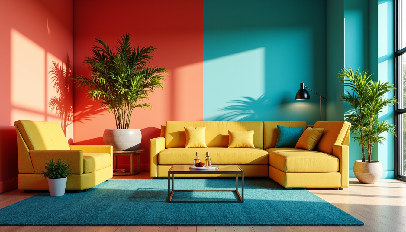 Prompt: Vibrant interior space, bold color palette, bright coral walls, turquoise accents, sunny yellow furniture, deep blue rugs, modern minimalist decor, sleek metal frames, glass coffee table, potted green plants, natural light pouring in, soft warm glow, shallow depth of field, 1/1 composition, realistic textures, ambient occlusion.