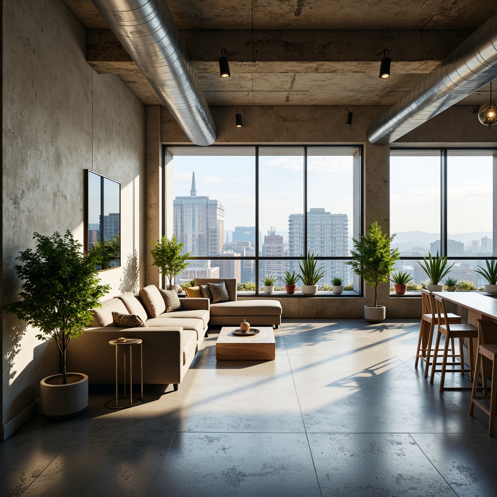 Prompt: Airy living room, minimal decor, sleek lines, polished concrete floors, floor-to-ceiling windows, sliding glass doors, natural light pouring in, lush greenery, potted plants, modern furniture, low-profile sofas, minimalist coffee tables, industrial-chic lighting fixtures, exposed ductwork, urban loft ambiance, vibrant cityscape views, panoramic vistas, 1/1 composition, soft warm illumination, shallow depth of field.