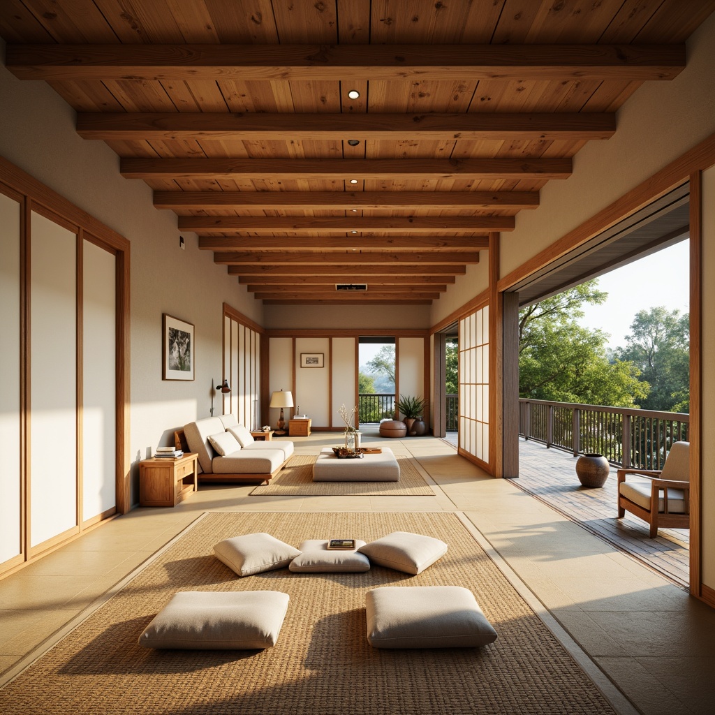 Prompt: Traditional Japanese tatami mats, natural wood tones, woven bamboo, soft silk rugs, minimalist aesthetic, low-seating furniture, sliding shoji screens, warm neutral colors, subtle texture contrasts, tranquil ambiance, soft diffused lighting, shallow depth of field, 3/4 composition, panoramic view.