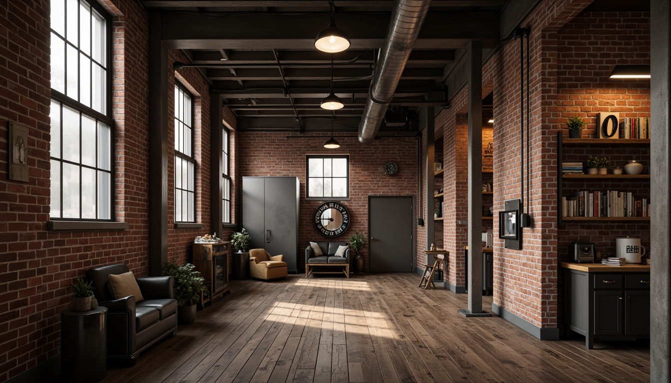 Prompt: Exposed brick walls, metal beams, industrial-style lighting fixtures, reclaimed wood floors, urban loft atmosphere, distressed metal accents, vintage factory equipment, Edison bulbs, concrete columns, metallic color palette, gritty textures, dramatic shadows, low-key lighting, 1-point perspective, cinematic composition, high-contrast imagery, realistic reflections.